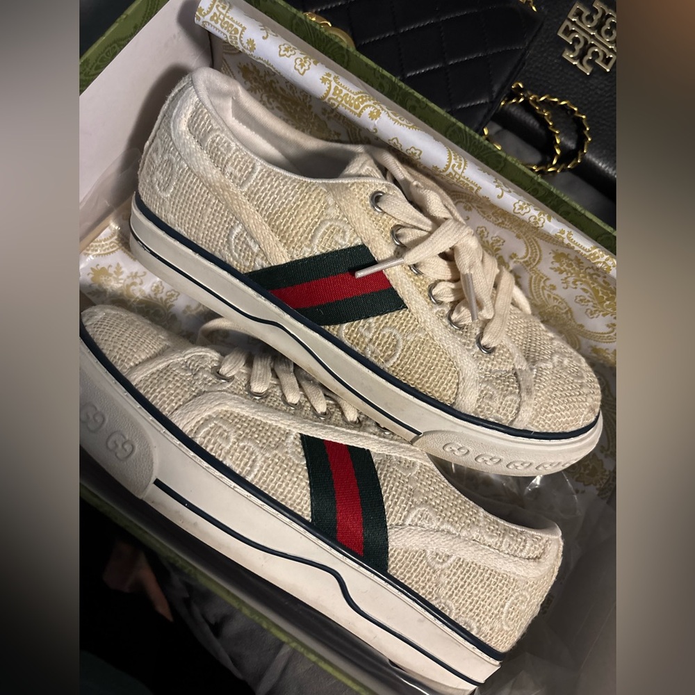 Beige Canvas Sneakers with Red and Green Stripes